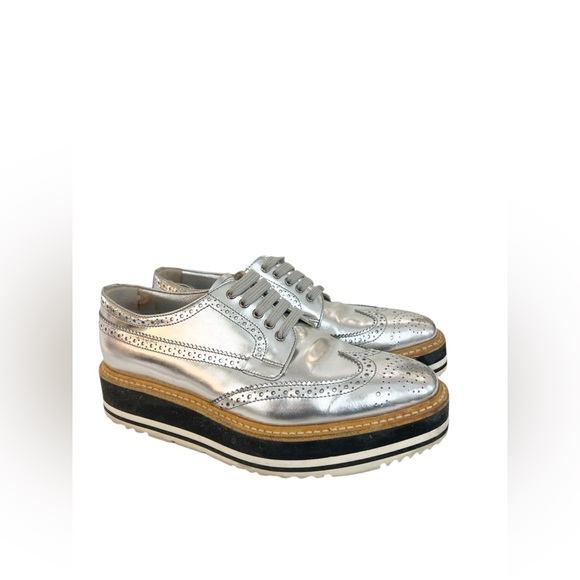 Prada Metallic Silver Brogue Leather Platform Low Top Sneakers - Picture 1 of 9